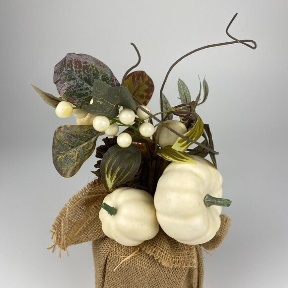 Autumn Greenery Burlap White Pumpkin Cottage Rustic Thanksgiving Centerpiece 14" - Picture 7 of 7